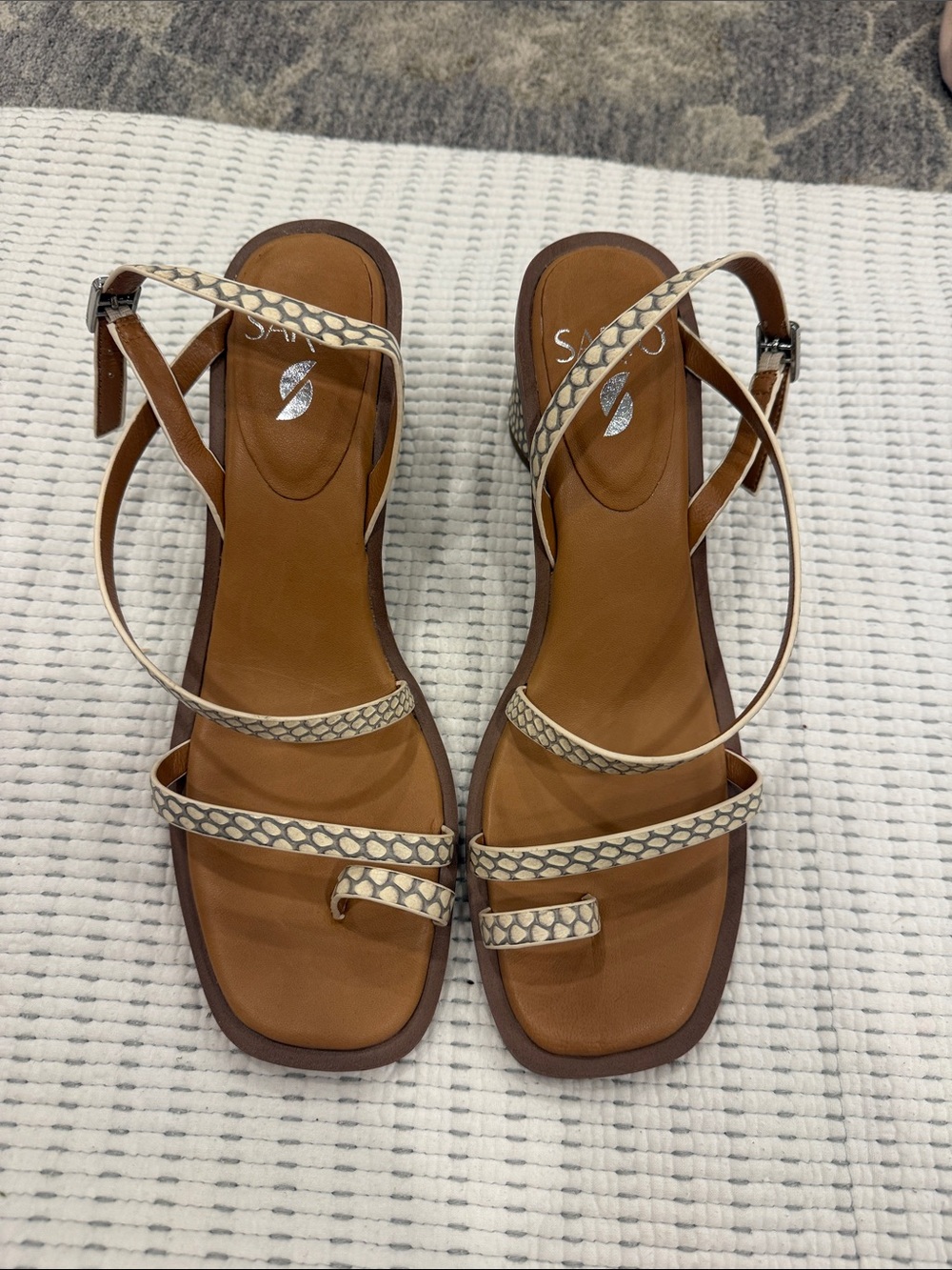 SARTO By Franco Sarto Tan Leather Sandals with Cream Patterned Straps